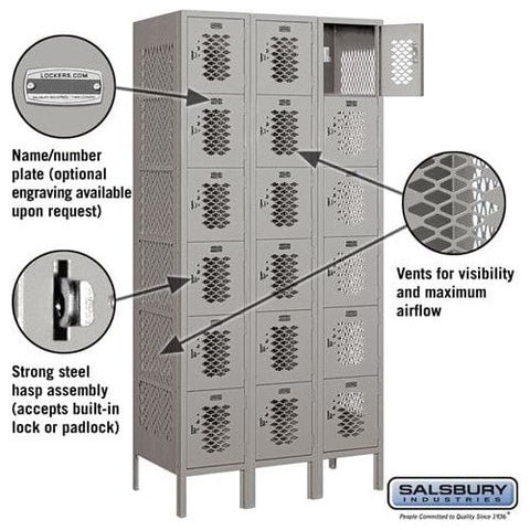 Salsbury 12" Wide Six Tier Box Style Vented Metal Locker 36" W x 78" H x 15" D (Unassembled)