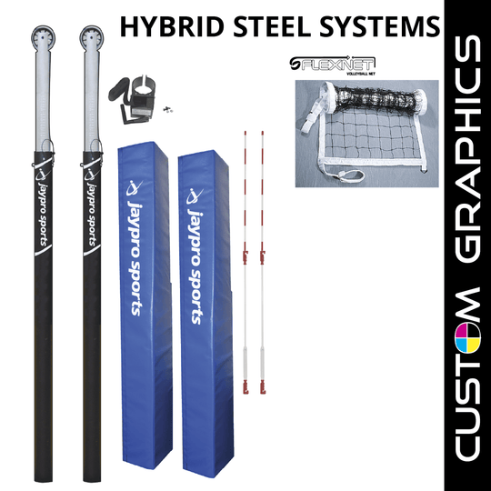 Jaypro Hybrid Steel Volleyball Net System w/Graphics (3-1/2 in. Floor Sleeve) PVB-1500DX