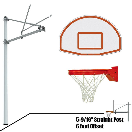 Jaypro Straight Post Basketball System (5-9/16" Pole with 6' Offset) 56"W x 36"H Aluminum Fan Backboard