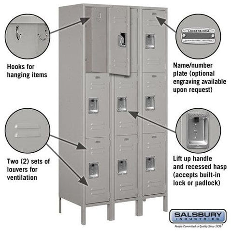 Salsbury 12" Wide Triple Tier Standard Metal Locker  36" W x 78" H x 12" D (Unassembled)