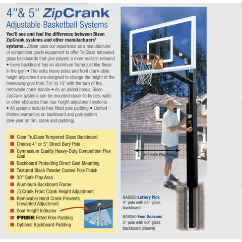 Bison Smoked Lottery Pick ZipCrank 4″ Adjustable Basketball Hoop BA8350S